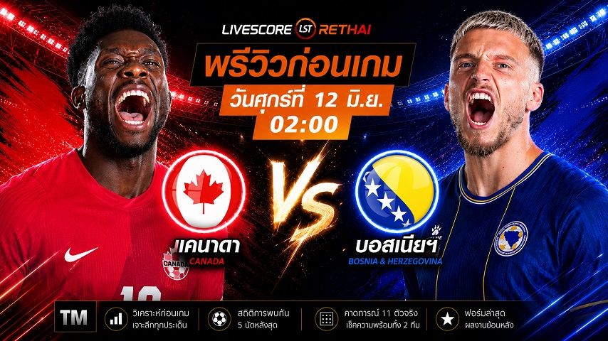 ดูบอลสด ถ่ายทอดสด ฟุตบอลโลก 2026 กลุ่ม บี : แคนาดา -vs- บอสเนียฯ วันศุกร์ ที่ 12 มิถุนายน 2569 เวลา : 02.00 น.