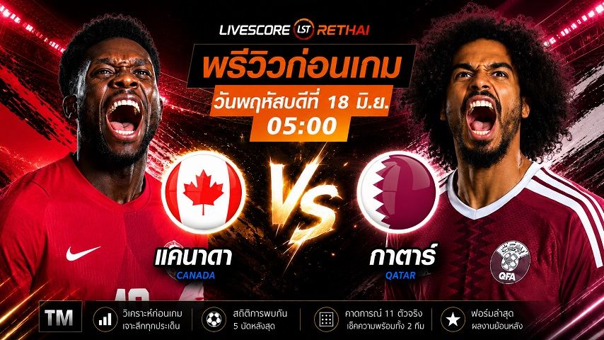 ดูบอลสด ถ่ายทอดสด ฟุตบอลโลก 2026 กลุ่ม B : แคนาดา -vs- กาตาร์ วันพฤหัสบดี ที่ 18 มิถุนายน 2569 เวลา : 05.00 น.